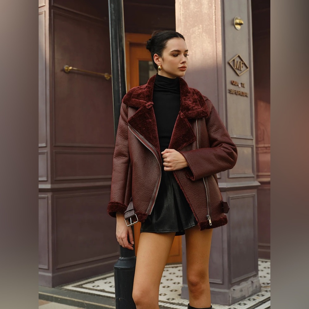 COMMENSE FAUX LEATHER AND FUR AVIATOR STYLE JACKET